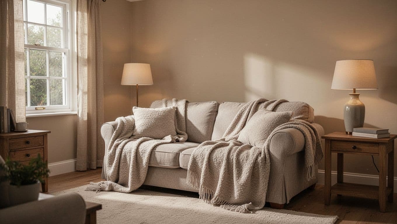Tidy living room with plush blankets on couch, soft lamp and window light, warm neutral tones.