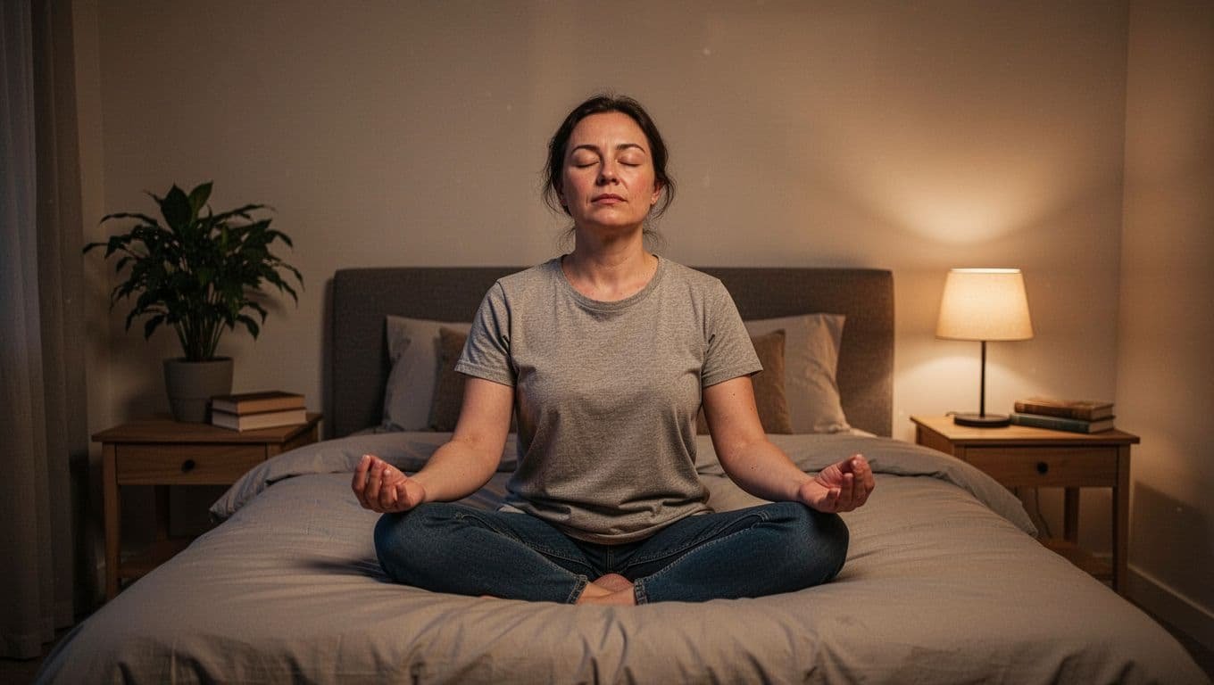 An adult sits cross-legged on a bed in a cozy bedroom with dim warm lighting from a bedside lamp, eyes closed in deep breathing exercise for a peaceful evening wind-down to promote deeper sleep.