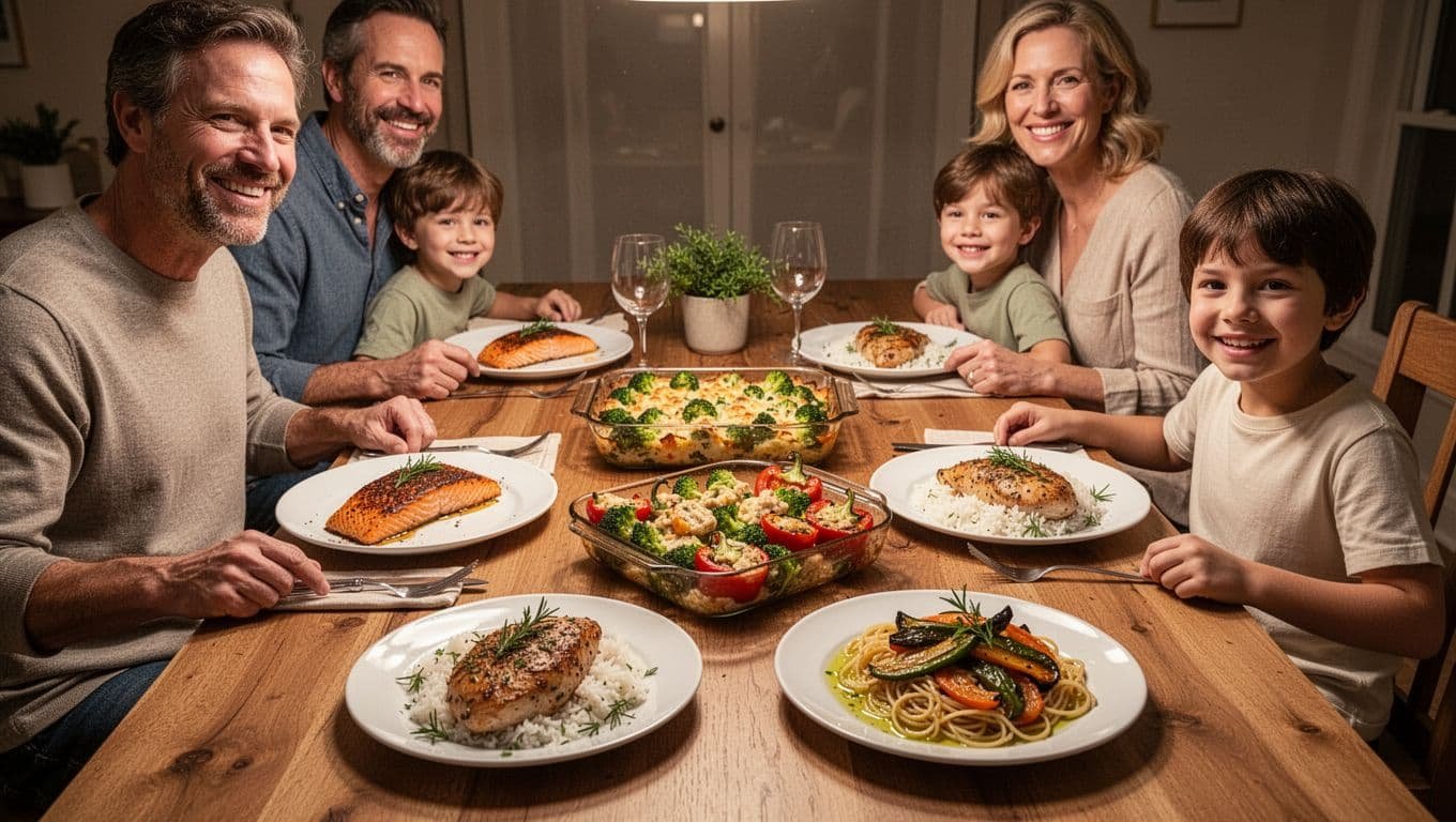 Cozy family dinner table scene featuring kidney-friendly meals like honey spice salmon, broccoli chicken casserole, turkey stuffed peppers, herb chicken with rice, and pasta with roasted vegetables. Four smiling family members seated around a wooden table with soft warm lighting and fresh herb garnishes.