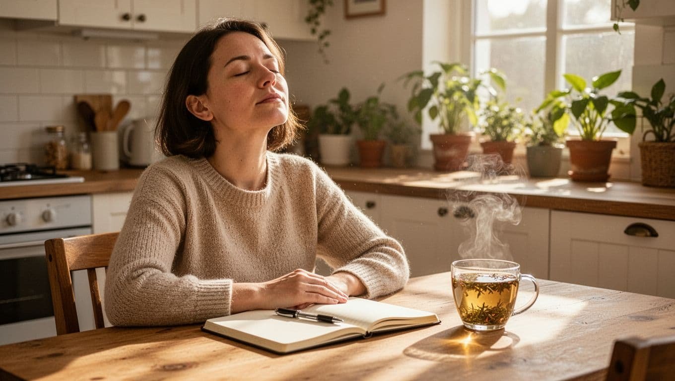 A single person sits relaxed at a wooden table in a bright cozy kitchen during morning light, with an open journal, pen, and steaming herbal tea, eyes closed in mindful breathing, soft sunlight through window with indoor plants.
