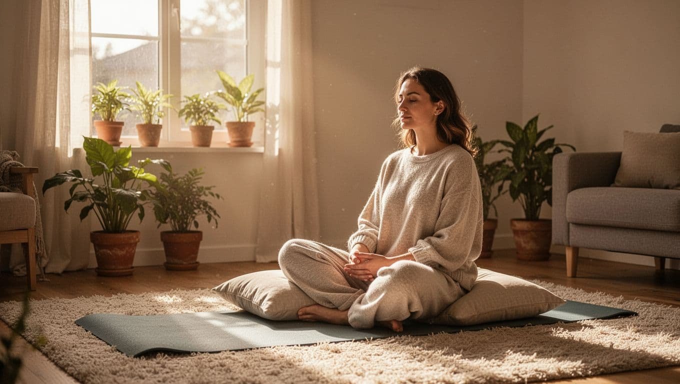A relaxed woman in loose clothes sits on a soft yoga mat with pillows in a cozy living room, illuminated by natural morning sunlight through the window, surrounded by potted plants in a serene atmosphere.
