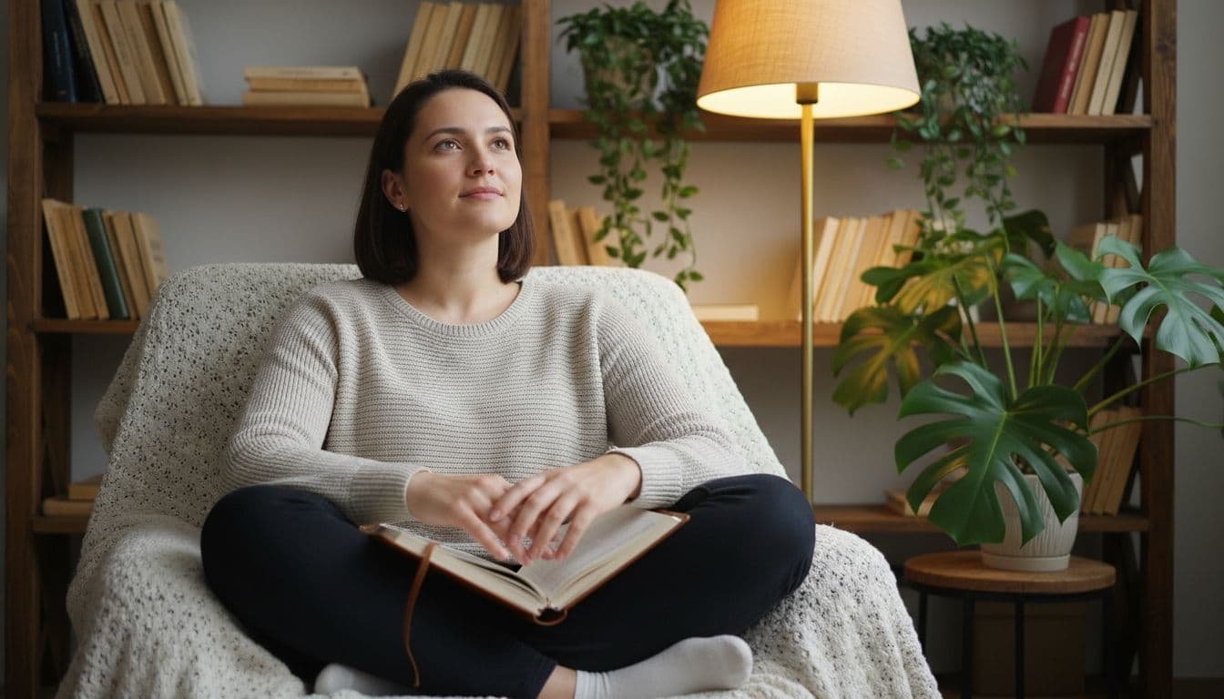 One person in a cozy home setting sitting comfortably with a journal open on lap, relaxed confident expression looking thoughtful, soft warm lamp light, realistic photography style, simple background with books and plants, exactly one person, hands relaxed.