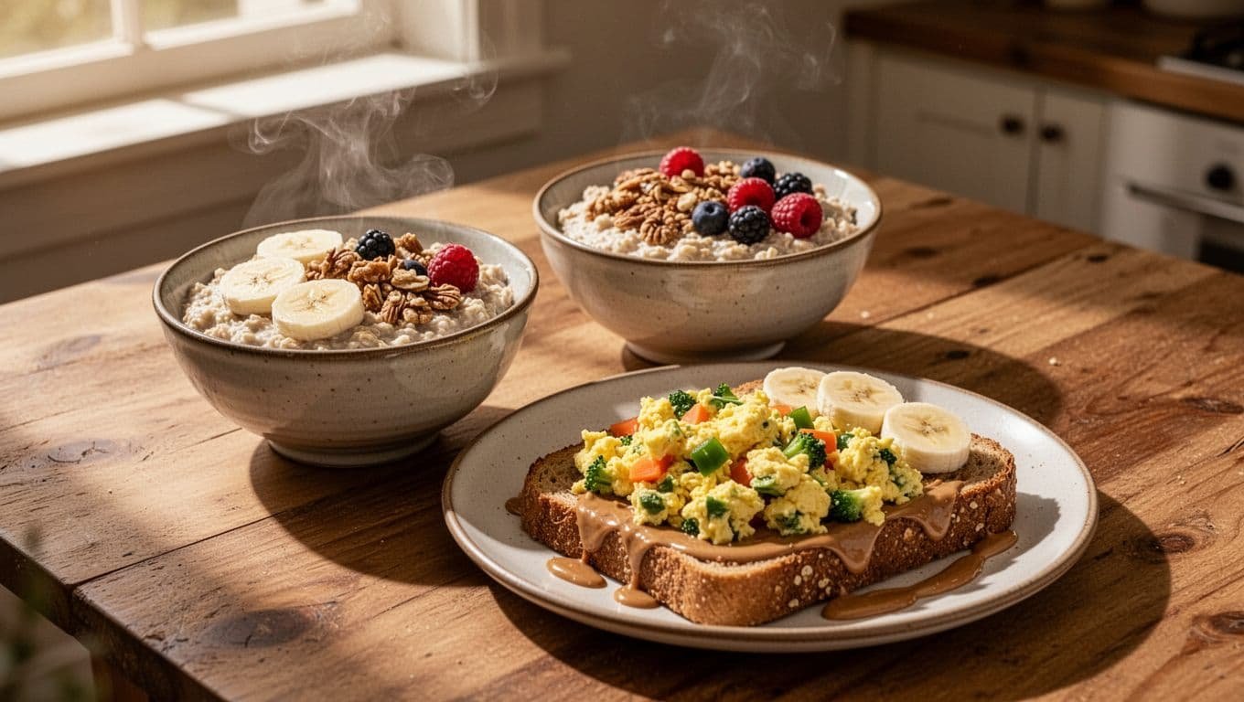 Steaming bowls of oatmeal topped with banana slices, nuts, and berries beside a plate of veggie scrambled eggs on toast with nut butter, set on a cozy kitchen table with soft warm lighting.