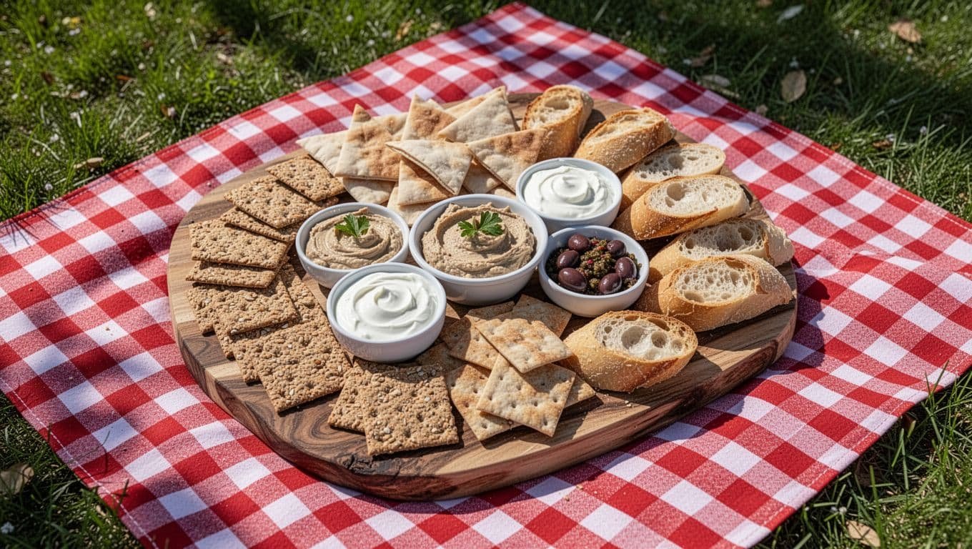 Crackers, pita chips, baguette slices with hummus, yogurt dip, olive tapenade on wooden board on checkered picnic blanket in grass.
