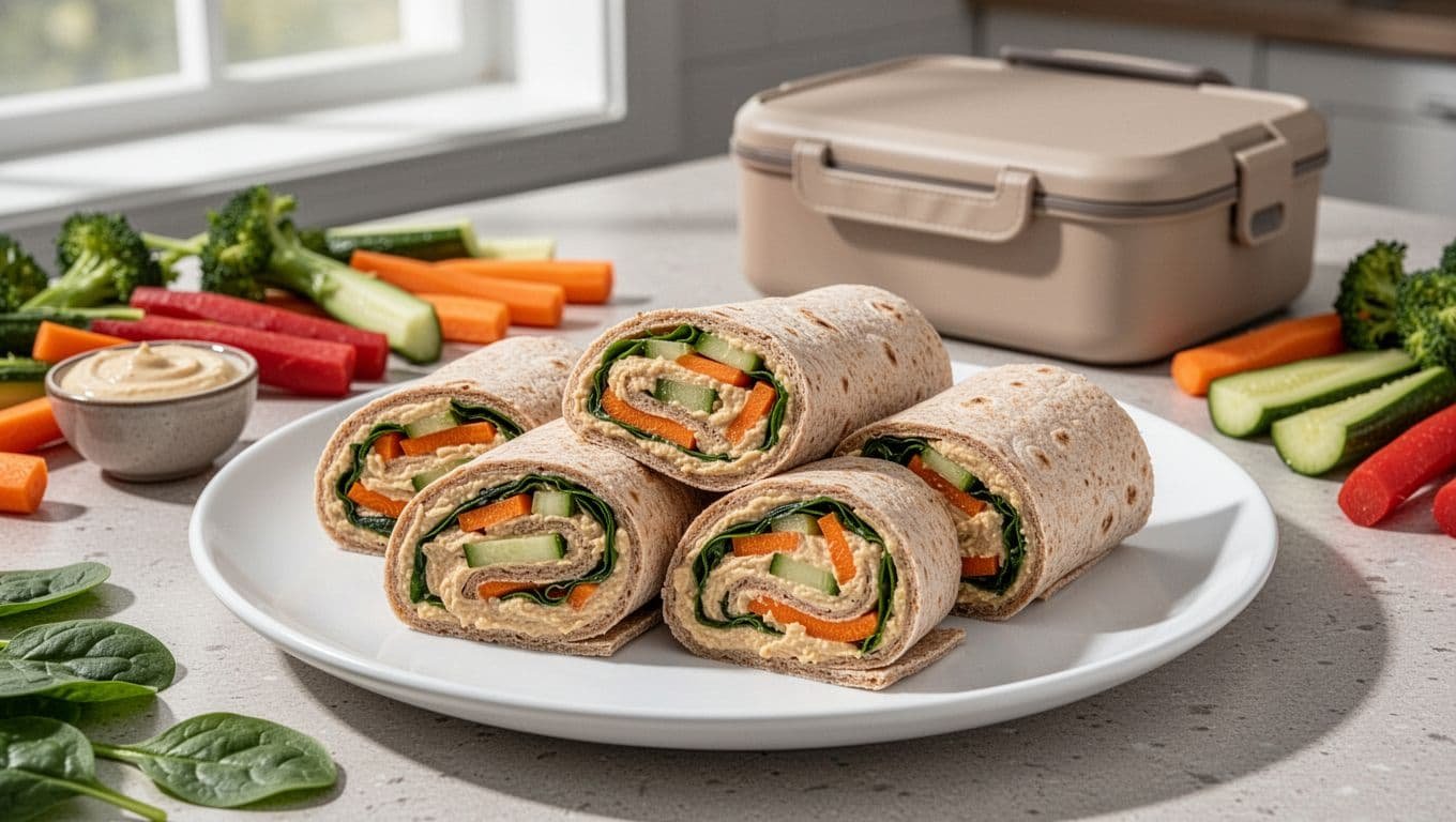 Assembled and sliced crunchy hummus veggie rolls arranged as pinwheels on a white plate, revealing cross-sections of creamy hummus, pickled carrot and cucumber strips, and fresh spinach inside soft whole wheat tortillas. Nearby scattered fresh veggies, dip, and a portable lunch box on a kitchen counter with natural window light.