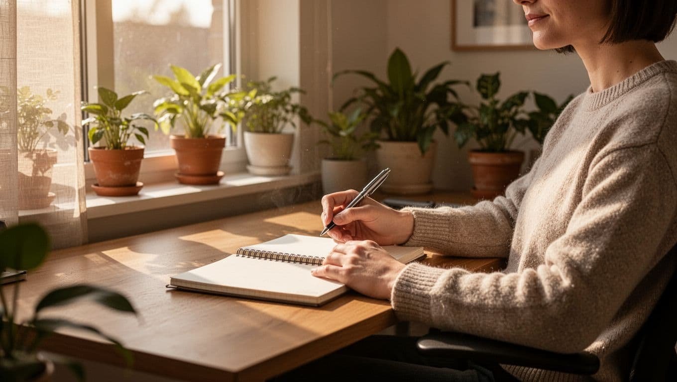 A single person sits comfortably at a home desk with a notebook open to a list of three positive notes, pen in hand, bathed in warm morning light from a window in a cozy room with plants.