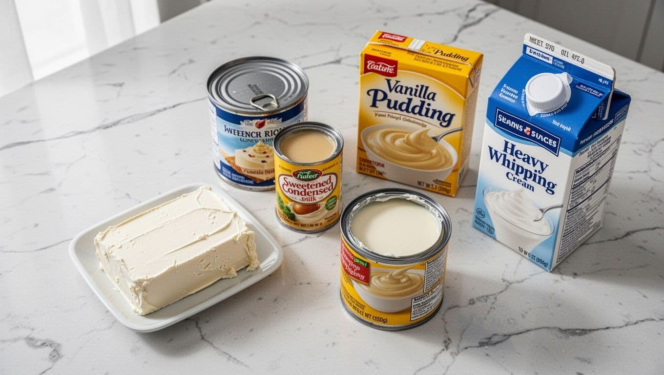 Overhead photorealistic view of neatly arranged dairy ingredients: softened cream cheese block, opened can of sweetened condensed milk, instant vanilla pudding mix box, and carton of heavy whipping cream on a marble countertop in a clean, bright kitchen.