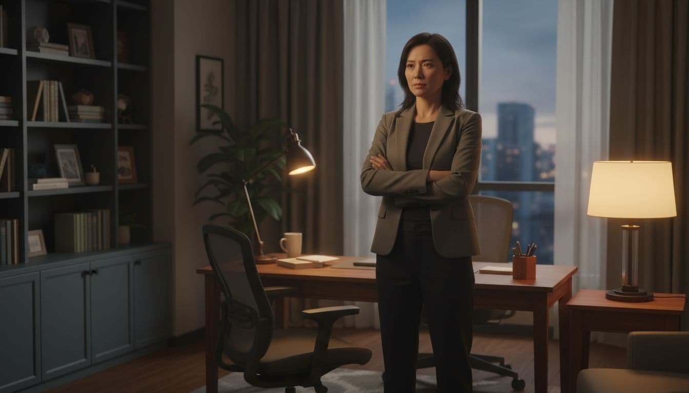 One determined person stands with arms crossed in a neutral home office, facing implied confrontation with a composed expression under warm lamp light, in realistic high-detail style.