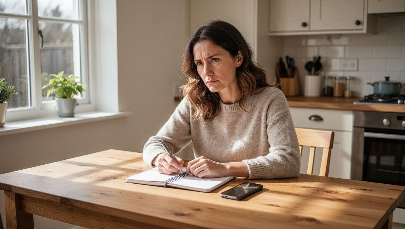 Thoughtful young woman in her mid-20s sitting alone at a wooden kitchen table in a bright home during daytime, looking determined with notebook and smartphone in front of her, soft natural window light, realistic photography style.