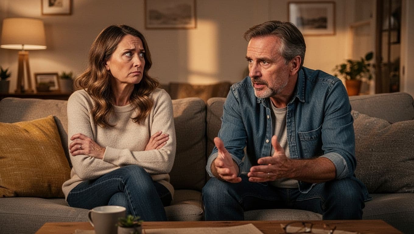 Realistic photo of a middle-aged couple on a couch in a warm-lit living room, with the wife crossing arms and eye-rolling dismissively while the husband gestures seriously explaining.
