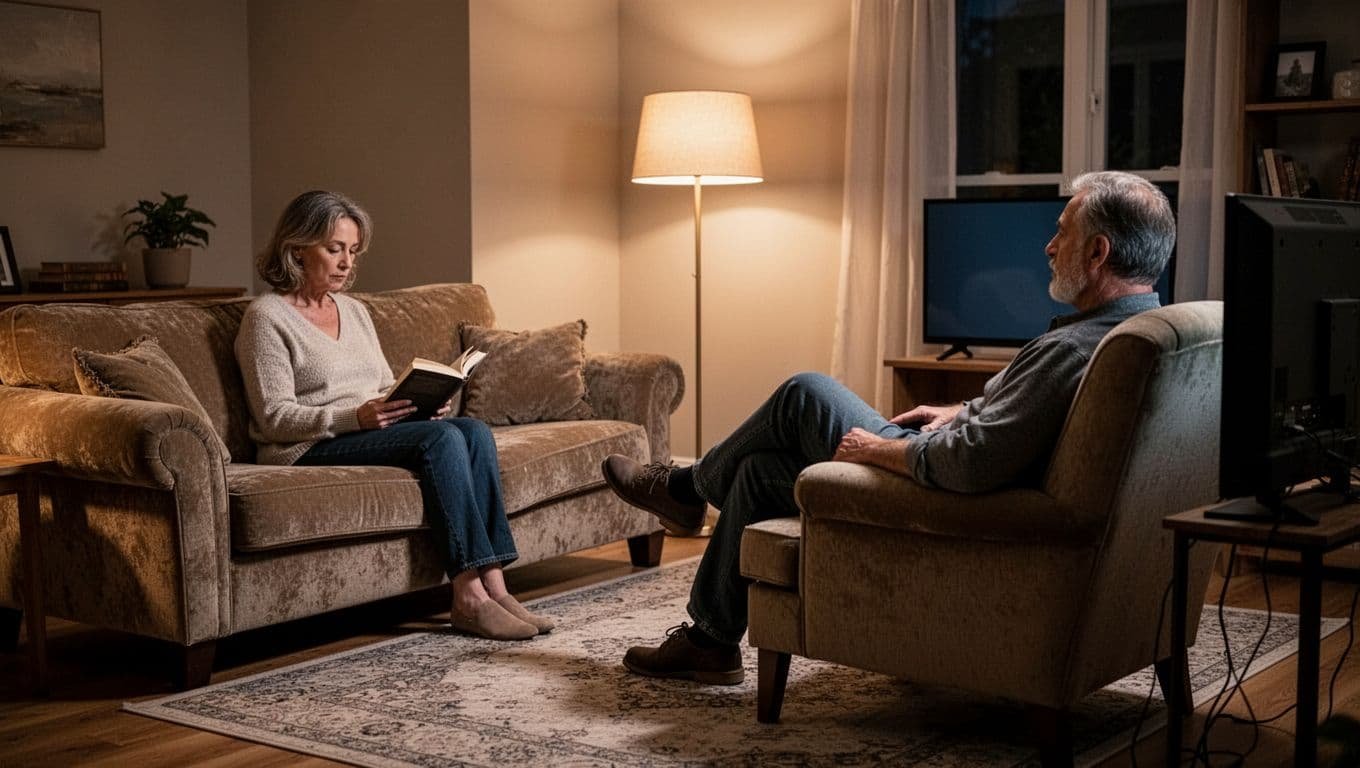 Middle-aged wife reads book on couch avoiding eye contact while husband watches TV in armchair.