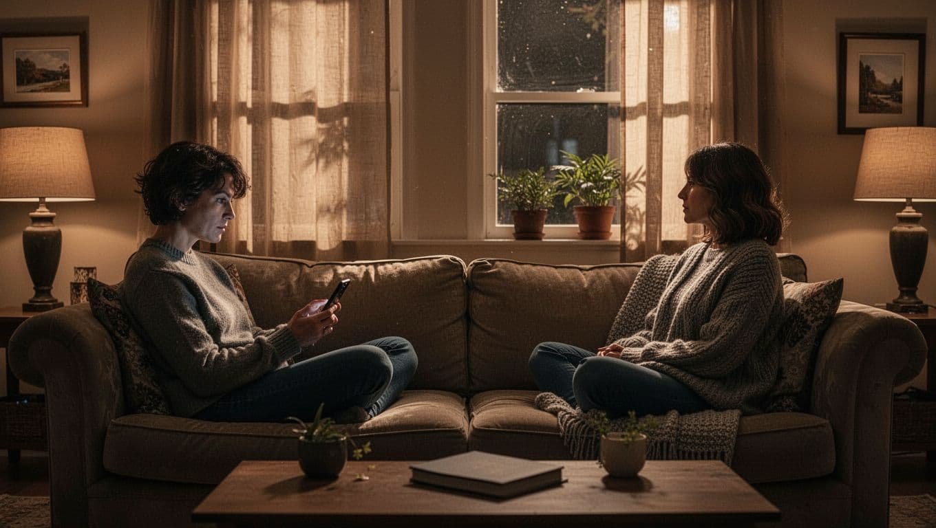 Couple sits on opposite ends of couch in cozy living room, facing away, one on phone, one at window.