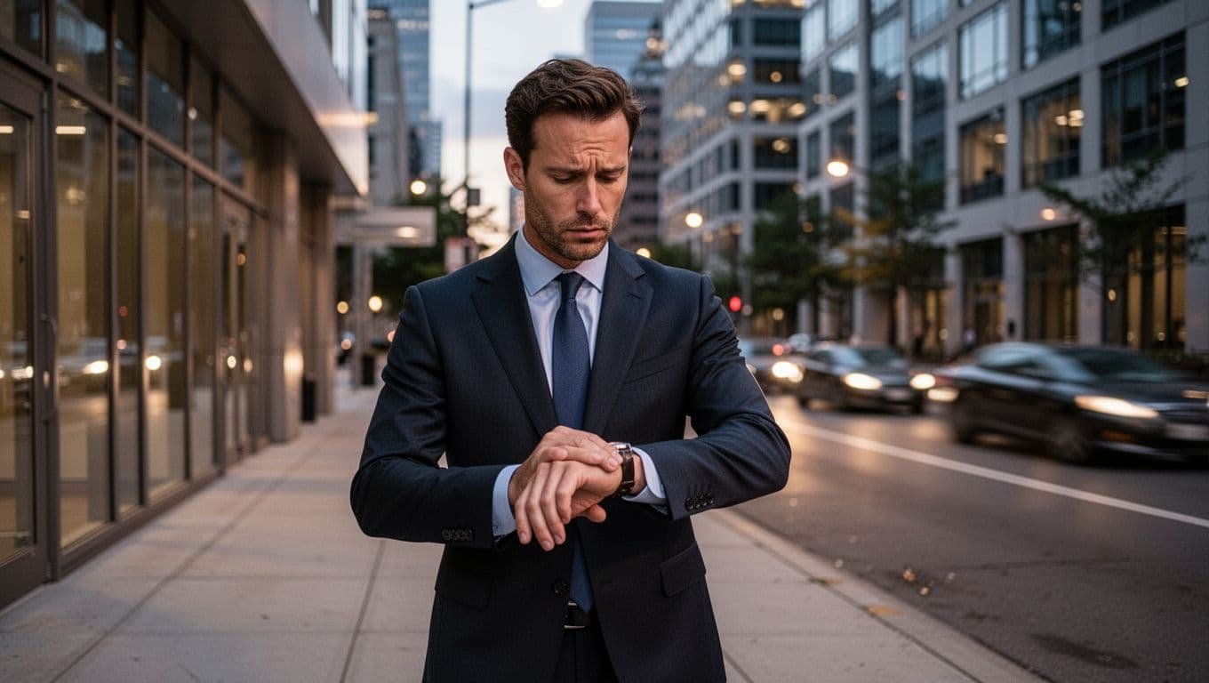 Man in business attire checks his watch outside an office building at dusk, looking distracted as if late for an unexplained reason, with blurred city street cars in the background, realistic style and soft evening light.
