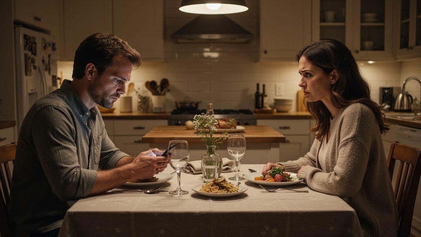 A couple sits on opposite ends of a dinner table in a dimly lit kitchen, with the man distracted by his phone and the woman looking concerned, emphasizing their emotional disconnect.