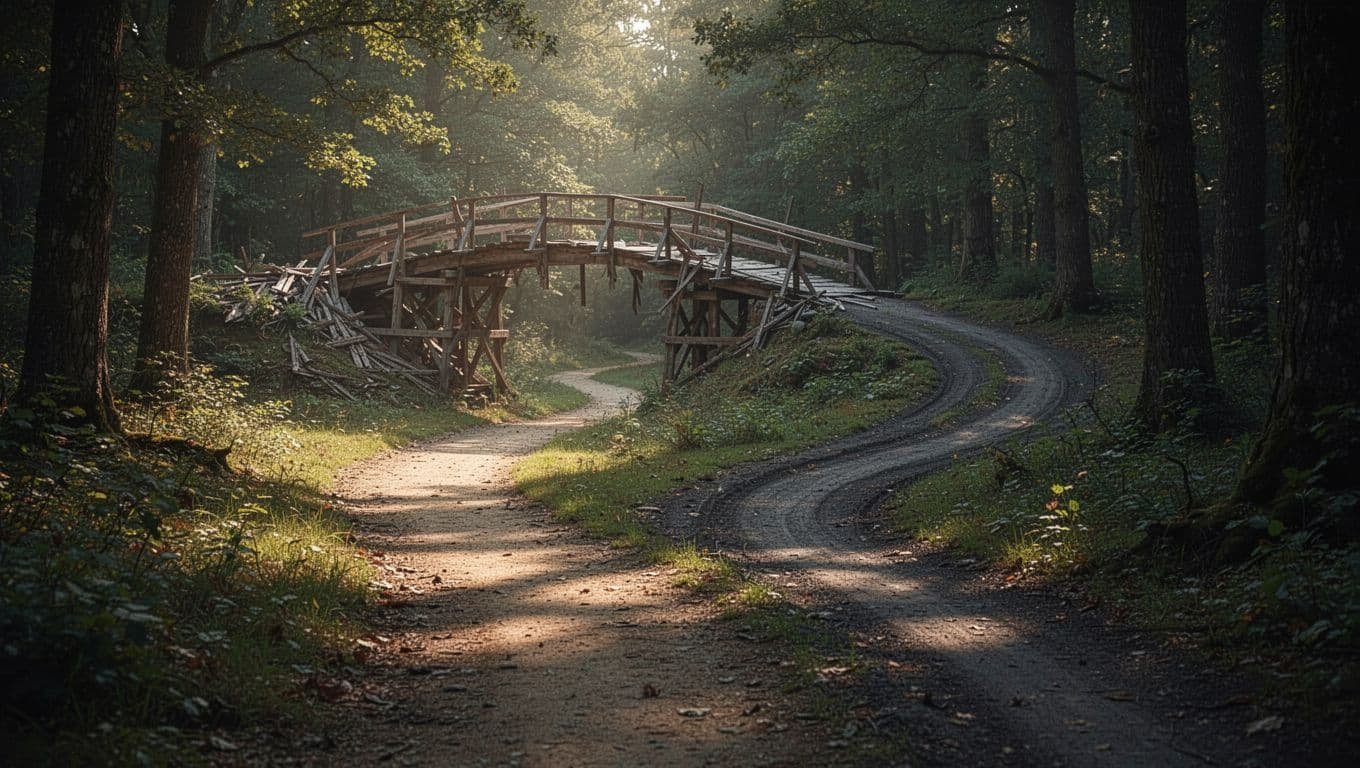 A serene forest scene with two diverging paths: a bright path leading to action like bridge repair symbolizing helpful guilt, and a dark looping path representing rumination, in realistic nature style with soft daylight.