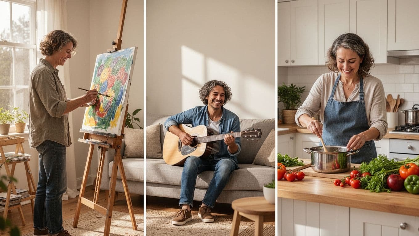 Three diverse adults pursue hobbies in bright home: one paints at easel, one plays guitar on couch, one cooks in kitchen.