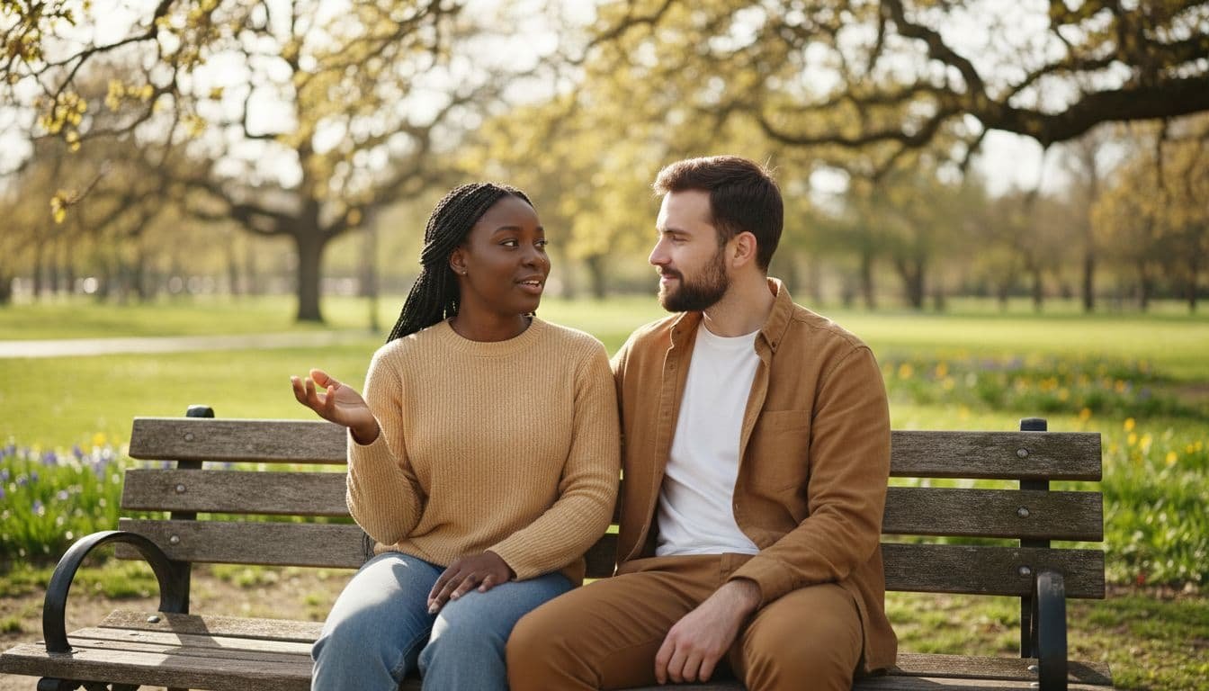Two diverse friends sit closely on a sunny park bench, sharing a calm supportive conversation with one gesturing gently and the other listening attentively with a relaxed smile, in realistic outdoor photography with soft focus and warm tones.