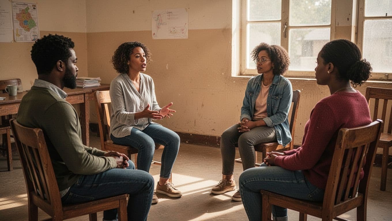 Four diverse adults sit in a circle on wooden chairs in a community room, one speaking to attentive listeners.