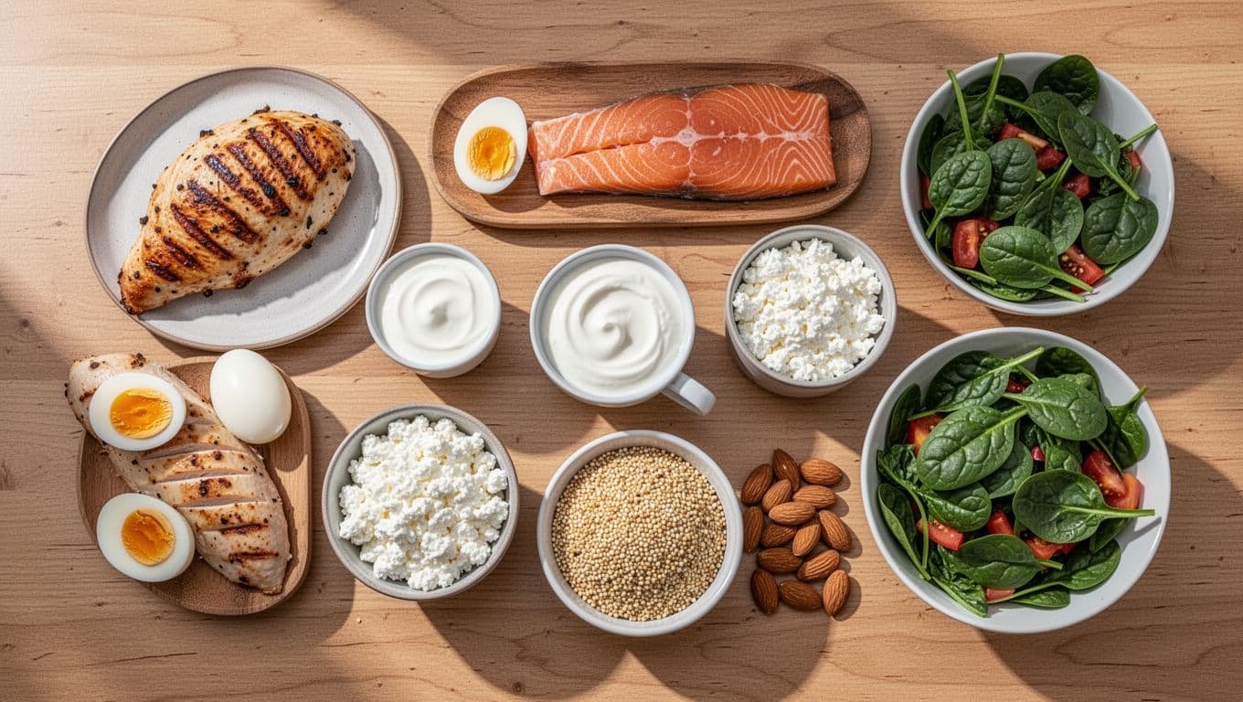 Vibrant top-down plate of high-protein foods including grilled chicken breast, salmon fillet, eggs, Greek yogurt, cottage cheese, quinoa, almonds, and spinach salad on a wooden table in natural light.