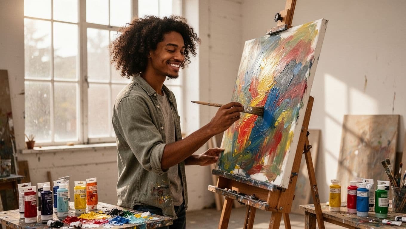 Diverse young adult engaged in painting hobby at easel in bright studio, relaxed confident smile, colorful paints and canvas, natural window light, realistic style, focus on creative flow state.