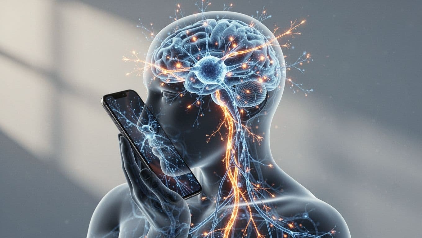Brain neurons firing with dopamine release triggered by smartphone notifications, highlighted in blue and orange on a semi-transparent head silhouette holding a phone.