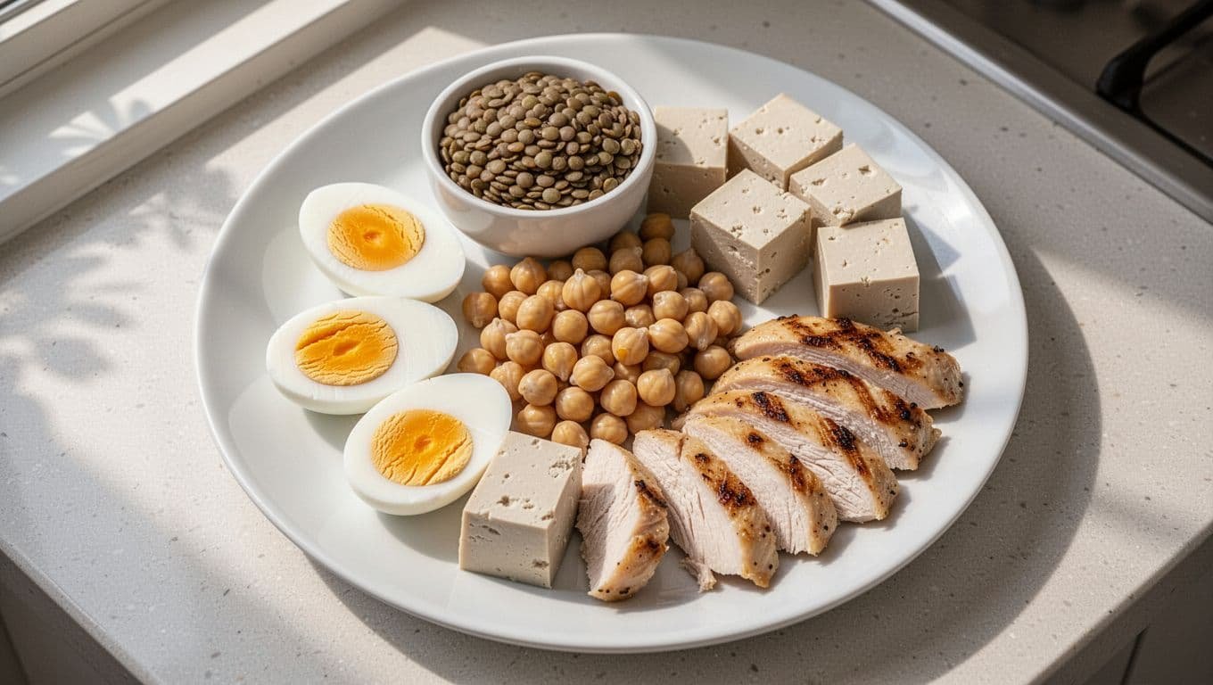 Top view of protein-rich foods for third trimester pregnancy on a white plate in a home kitchen, featuring two boiled eggs, cooked lentils, chickpeas, tofu cubes, and grilled chicken breast strips in realistic appetizing style with soft morning light.