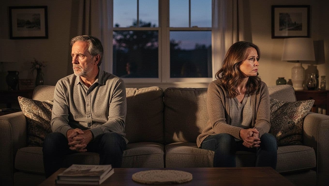 Middle-aged couple in cozy living room at dusk, sitting on opposite ends of couch facing away with sad distant expressions, empty space symbolizing emotional disconnect.