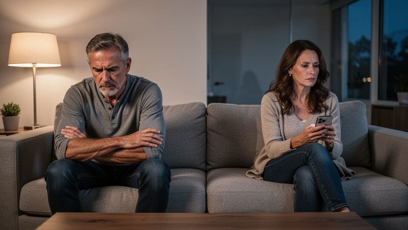 Realistic photograph of a middle-aged couple in a modern living room during evening, sitting on opposite ends of a couch facing away, showing emotional withdrawal and tension.