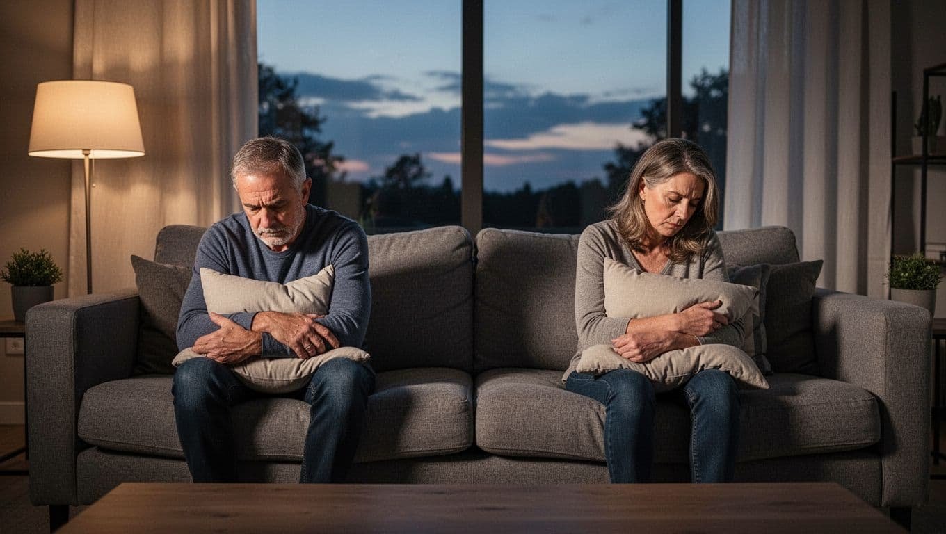 A middle-aged couple sits far apart on a large gray couch in a modern living room at dusk, facing away with downcast eyes and slumped shoulders, one clutching a pillow, soft lamp light casting long shadows to highlight their emotional separation.