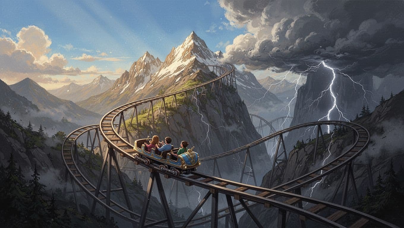 Emotional rollercoaster visualization with a winding track rising to bright joyful peaks under sunny skies and falling to dark painful valleys amid stormy clouds, featuring an empty cart, dramatic lighting, and illustrative style with no people, text, or extra elements.