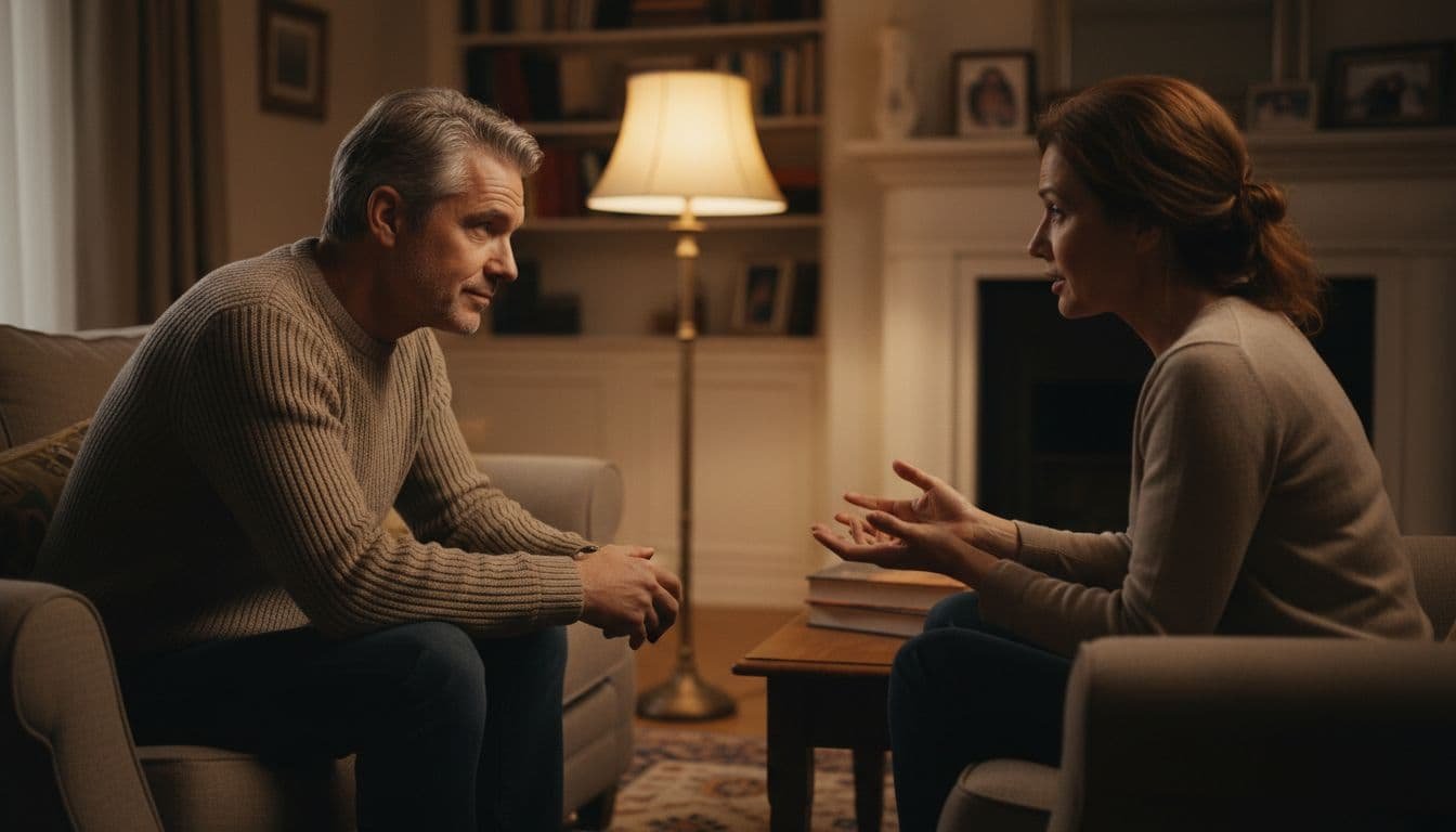 Realistic image of a thoughtful middle-aged man listening intently to his wife in a cozy living room, nodding with an empathetic expression as she gestures softly while speaking, both focused on each other.