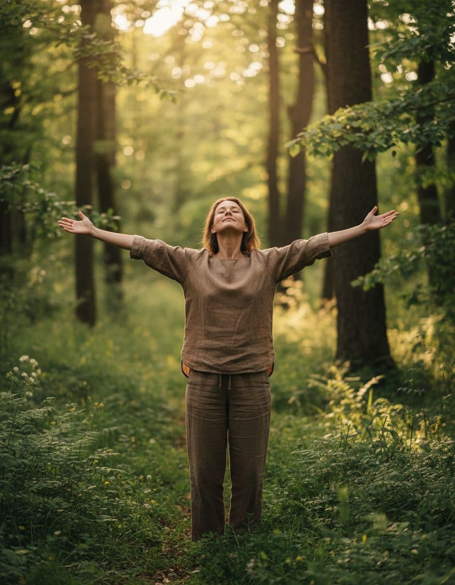 Empowered person standing confidently outdoors in nature with arms open, embracing self-trust under soft sunlight filtering through trees, peaceful realistic portrait.