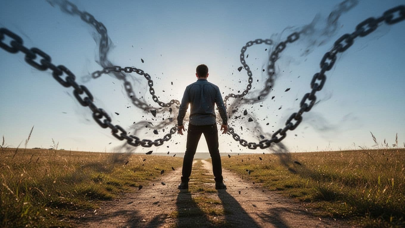 A confident person stands on a sunny path in an open field, breaking free from dark shadowy chains that shatter behind them under a blue sky. Empowering low-angle view in realistic style with warm sunlight.
