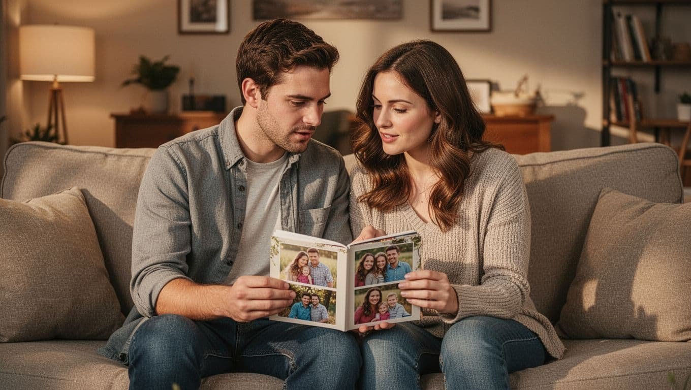 Young engaged couple in mid-20s sitting closely on cozy living room couch, one holding open family photo album with happy family and kids pictures, thoughtful conversation under warm lighting, realistic photo style.