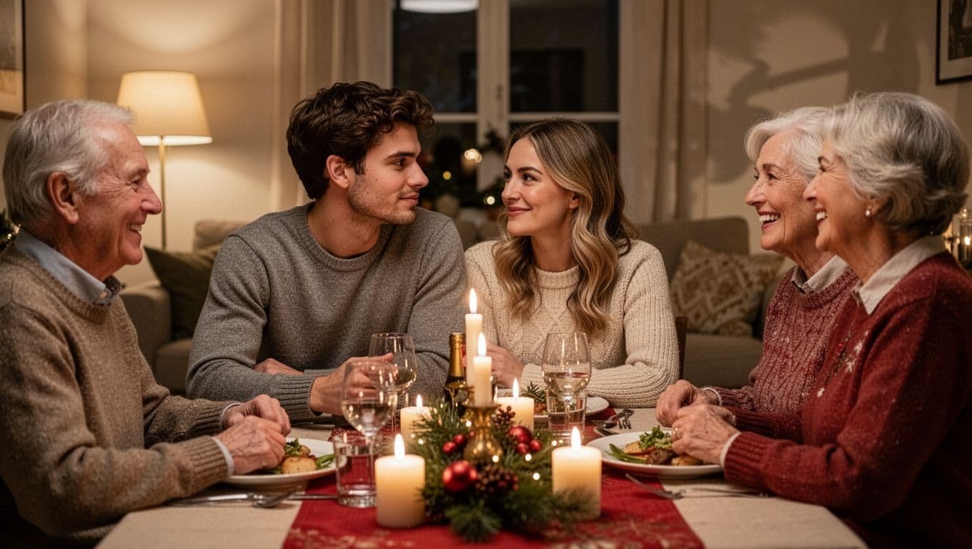 Young engaged couple in their late 20s sitting at a festive holiday dinner table with smiling in-laws in a cozy living room, exchanging a thoughtful glance amid warm family conversation under warm candle and lamp lighting.