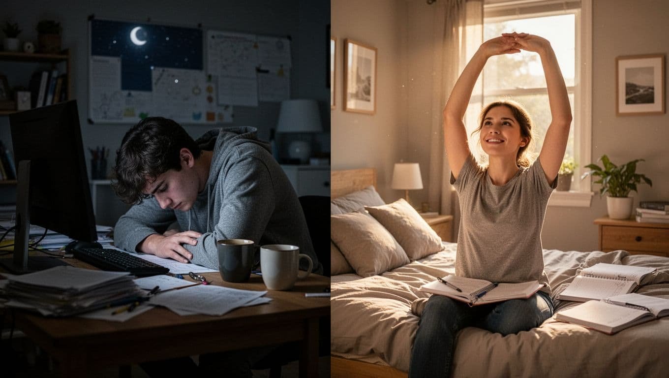 Split-scene comparison contrasts an exhausted student slumped over a desk cramming at midnight with dim screen glow and coffee mugs, versus a refreshed student waking up in morning sunlight ready for exam day, in realistic photo style.