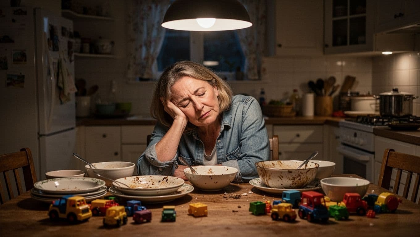 A middle-aged woman slumped over the kitchen table in deep fatigue, surrounded by dirty dishes and children's toys in a cluttered family kitchen during evening.