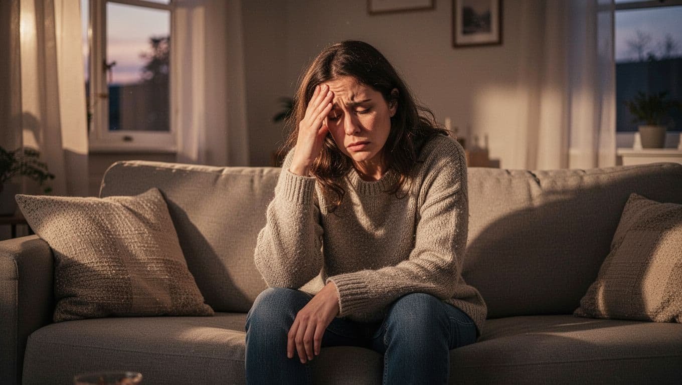 Realistic photo of an exhausted woman sitting alone on a cozy living room couch, looking drained and confused with hand on forehead after a phone call, in soft evening light.
