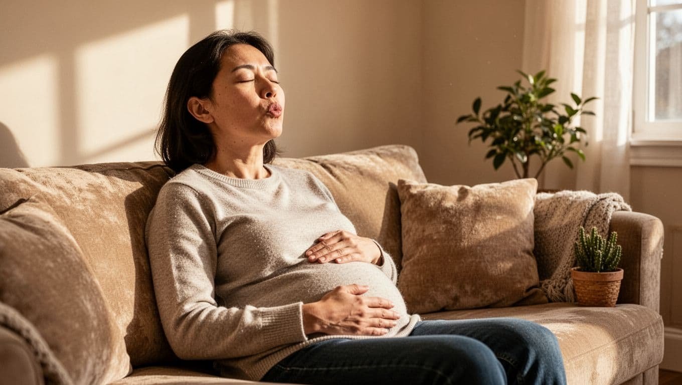 Person seated on couch in living room, hand on belly, eyes closed, exhaling through mouth, plant nearby.