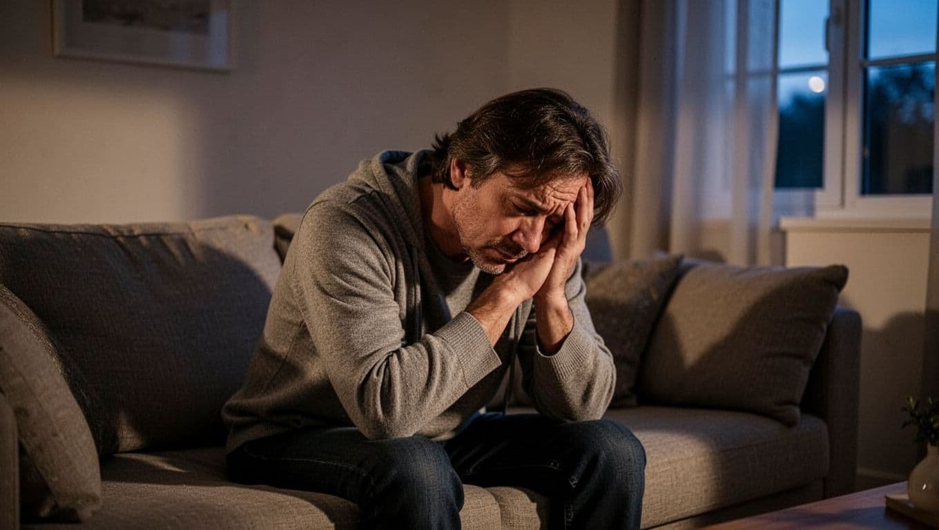 Adult slumped on couch in quiet living room, head in hands, soft evening light from window.