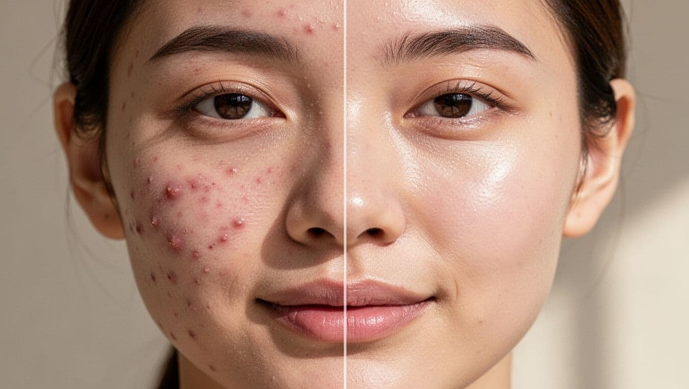 Side-by-side female facial skin close-up: left with mild redness, pimples, dull texture; right smooth, even-toned, hydrated.
