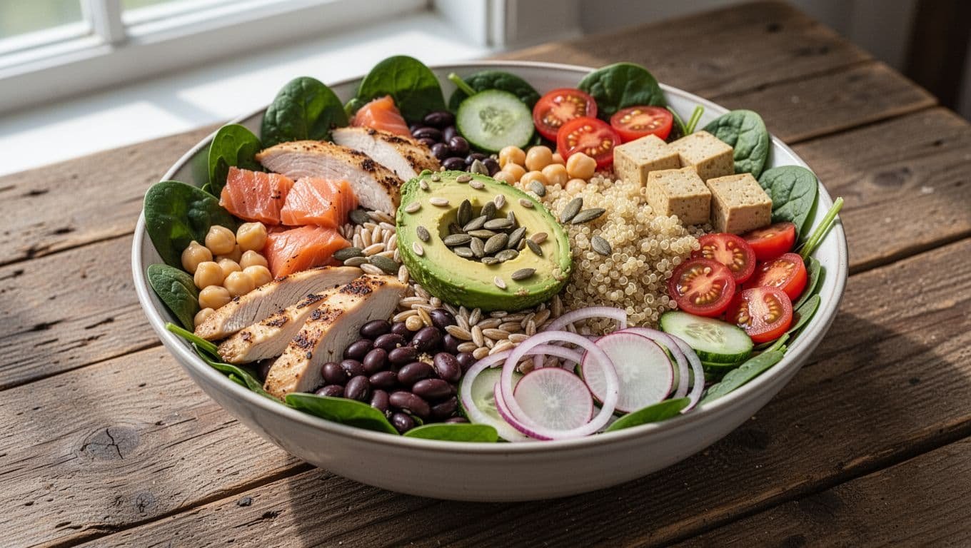Large salad bowl on rustic wooden table with mixed greens, chickpeas, black beans, chicken, tofu, avocado, seeds, grains, tomatoes, cucumbers, onions, radishes.