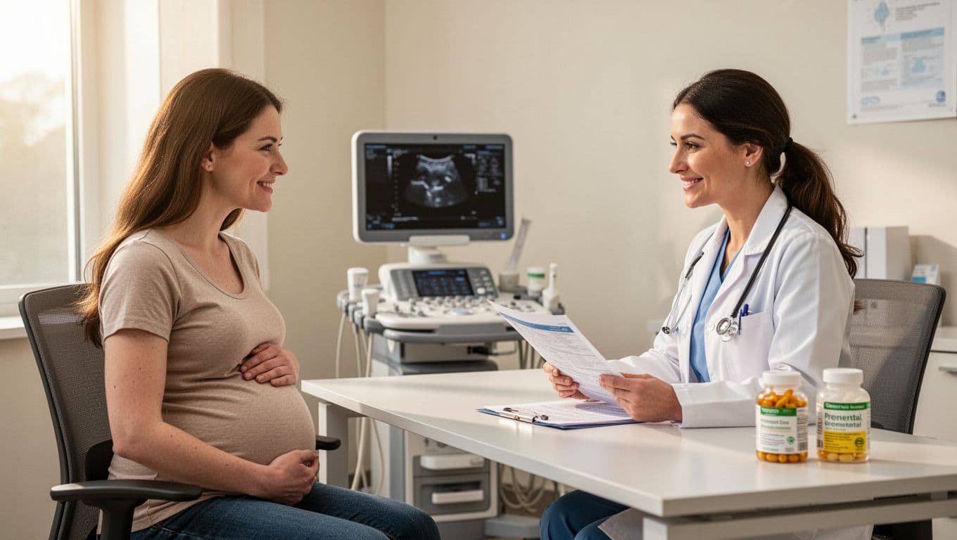 Pregnant woman in early pregnancy at her first prenatal appointment in a bright modern doctor's office, smiling calmly across from female obstetrician reviewing chart, with ultrasound equipment and prenatal vitamins nearby.