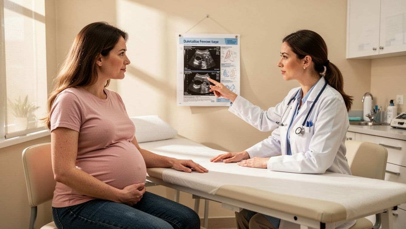 Pregnant woman sits across from female obstetrician in bright exam room, doctor reviews chart with ultrasound nearby.