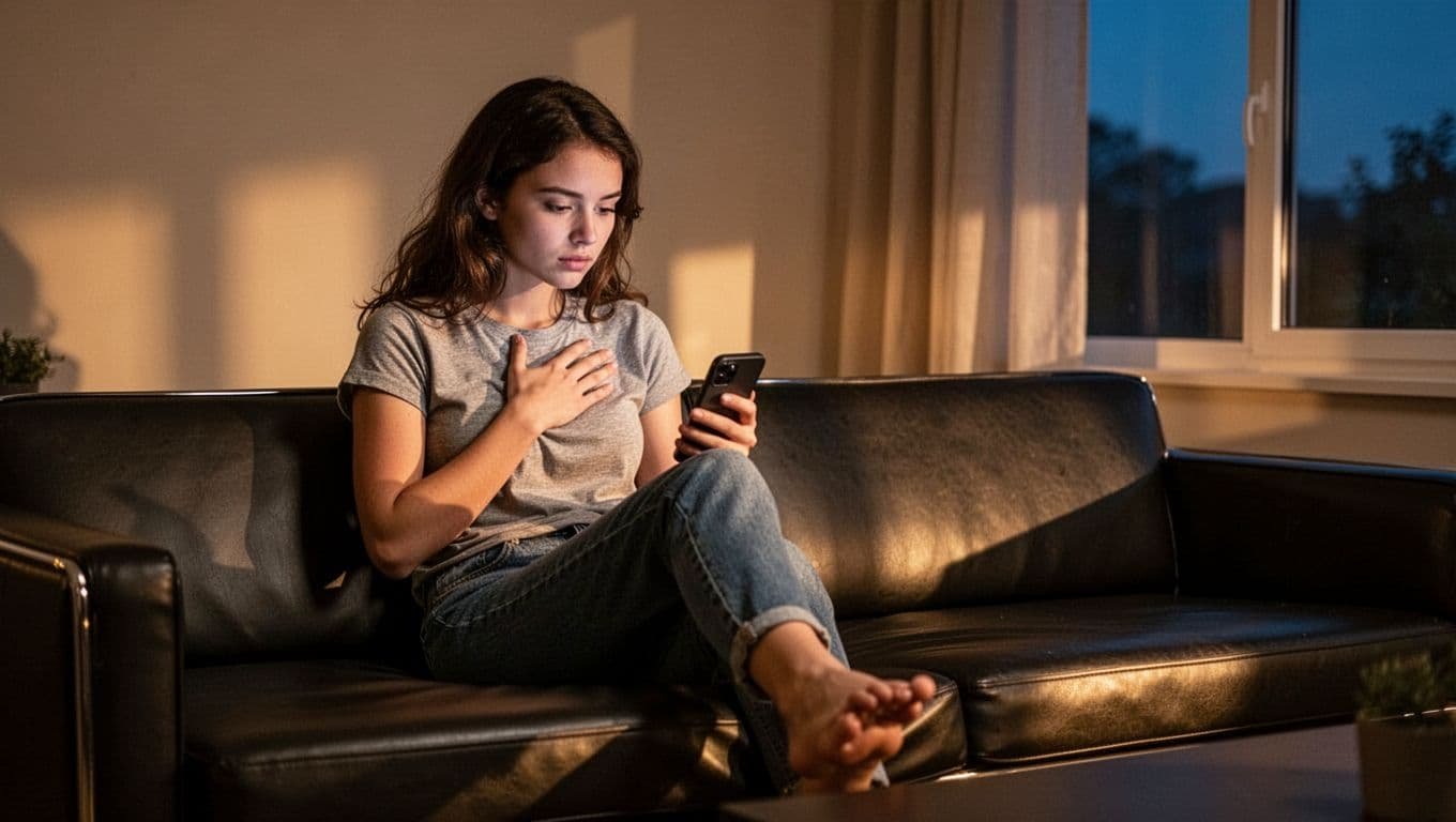 Young woman in her 20s sitting alone on a modern couch in a softly lit living room at dusk, looking worried at her smartphone with tight chest posture, hand pressed to sternum, raised shoulders, and fidgeting foot.