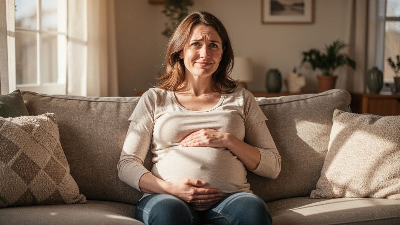 A first-time pregnant woman in early pregnancy sits thoughtfully on a cozy couch in a sunlit living room, hand gently on her small belly bump, face showing subtle joy and worry.