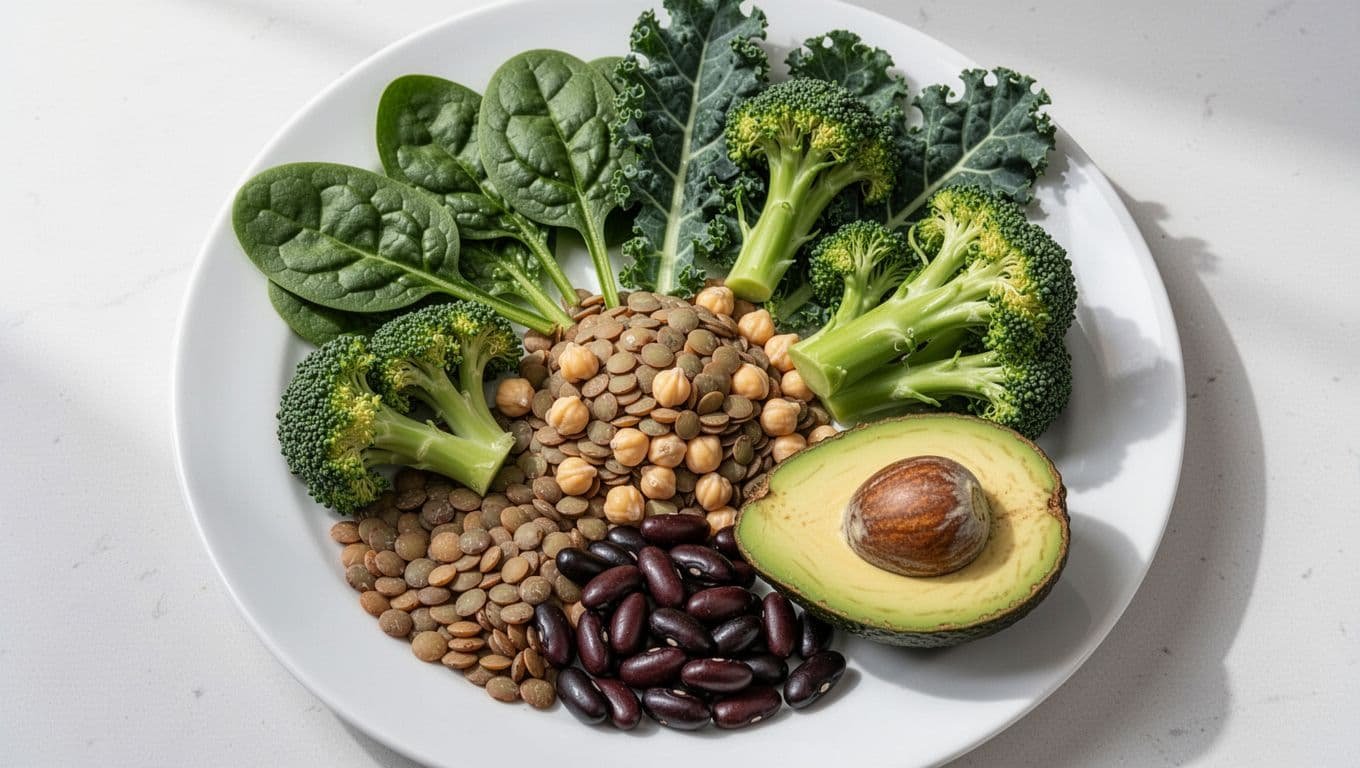 Top view of an assortment of first trimester power foods on a simple white plate, including spinach, kale leaves, broccoli florets, lentils, chickpeas, black beans, and sliced avocado, with soft natural kitchen lighting in a realistic appetizing photo style.