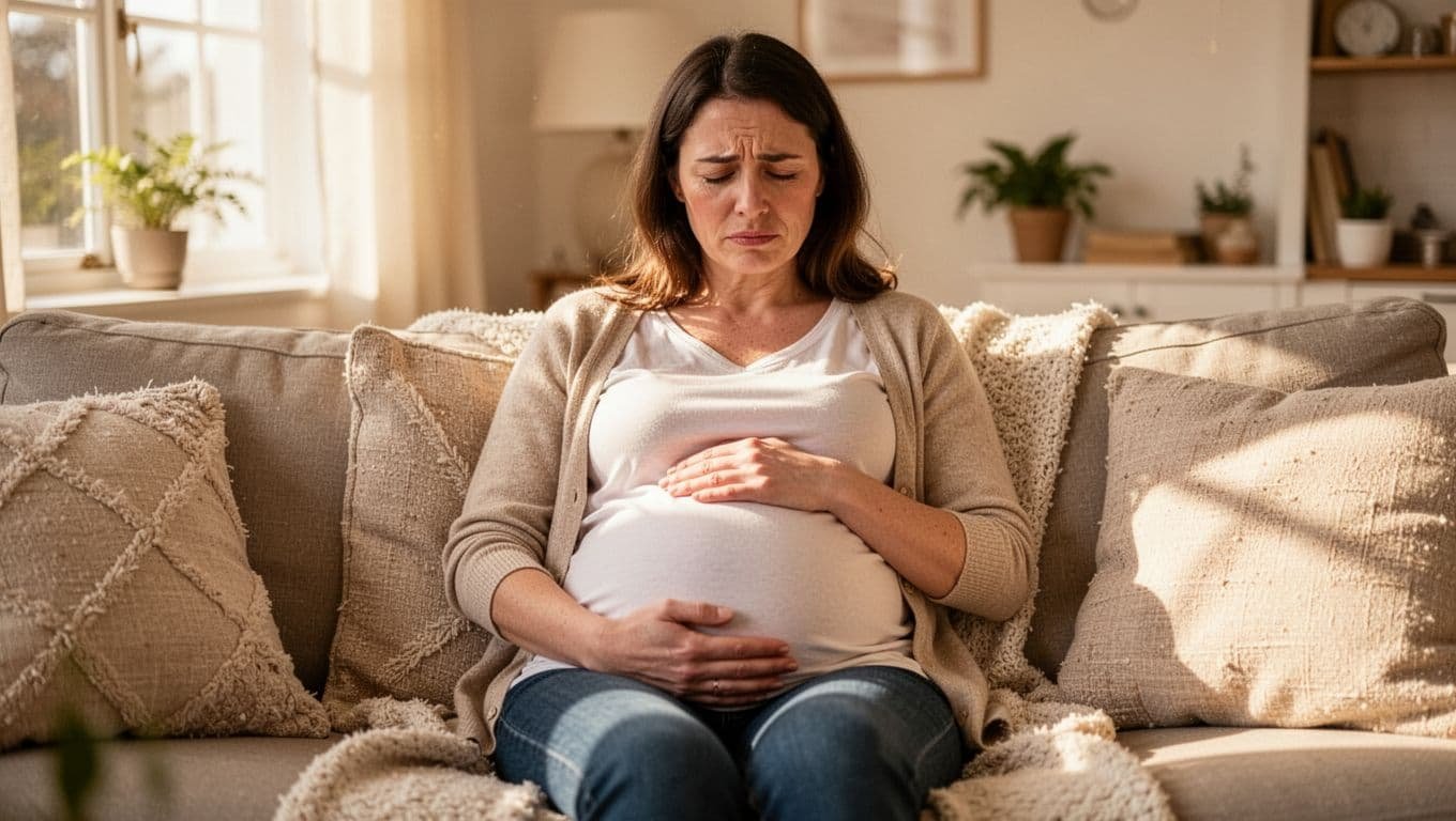 A pregnant woman in her first trimester sits comfortably on a cozy couch in a bright living room, gently holding her slightly rounded belly with a mildly nauseous yet calm and reassured expression, illuminated by soft natural window light.