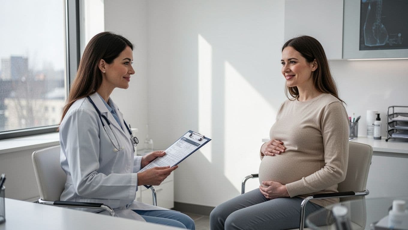 A smiling pregnant woman in her first trimester sits across from a female doctor holding a chart during a prenatal visit in a modern office with natural window light.