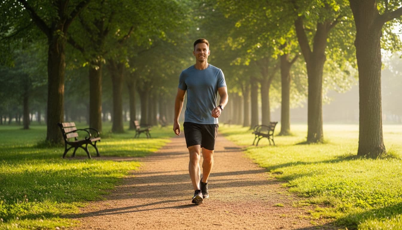 A fit adult walks energetically along a tree-lined park path in morning sunlight, dressed in casual athletic clothes with a focused positive expression and hands swinging naturally.